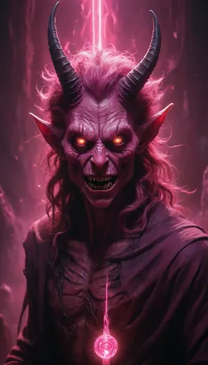 inkwork, mysterious dark fantasy, WHIMSICAL illustration, brilliant unhinged DEMON, PINK LASER_painting
