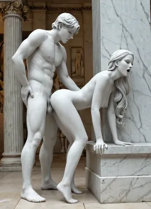 score_9, score_8_up, score_7_up, Greek temple, bending over, front view, side view, woman and man, nude male statue from behind, white carrara marble male statue, Achilles marble statue from behind, upside down, woman fucking, gigantic marble penis, super big heavy fake tits, naked, sexy waist, long legs, classical art sculpture, white carrara marble, loud moaning, orgasm