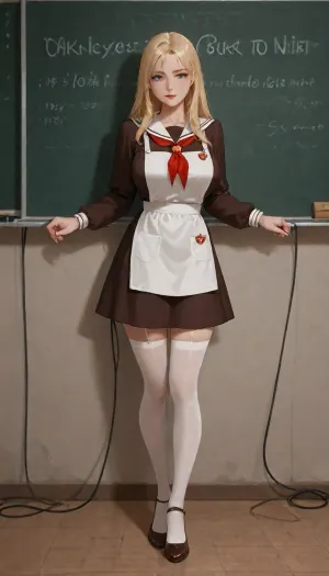 Woman 25 years old, tall, slim figure, big breasts, pretty face, blonde, long square, red lips, blue eyes, Soviet school uniform 1980, ((dark brown dress, white big direct apron, apron with cables)), pioneer tie, white stockings, red high-heeled shoes, school class, super realism, high quality picture, high definition detail, suxl, pionyrs, shirt, neckerchief, skirt, sash, badge, green, eyes, blue, brown, perfecteyes, skirtlift, <lora:suxl:1.6>, <lora:pionyrka:.1>, <lora:XDetail_light:1.4>, <lora:PerfectEyesXL:.8>, <lora:skirtlift_xl:.8>