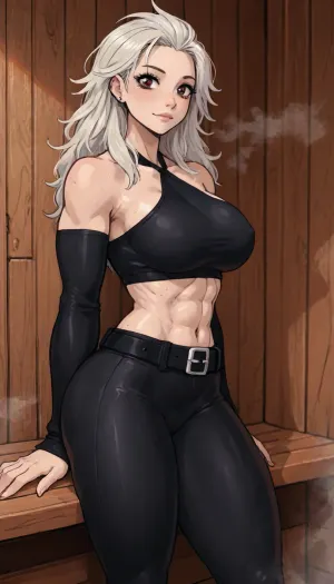 (innv meets jack cayless style), (reiq style, masterpiece, cel-shaded, limited color palette), ((Beautiful Muscles Sexy Noi from Dorohedoro anime body:1.4)), (sauna, steam, sauna background:1.2), (1girl, solo, alone, 21 year old woman), (pale skin:1.4), (gorgeous, larg silver-white hair, red eyes, seductive face, perfect ads, perfect big breast, muscles are well defined, muscular body, muscular arms, perfect hands, muscular legs, big ass, sweaty body), (five piercings on each ear), (Black Halter Lace-Up Crop Top), (tight black pants), (leather belt), (arm sleeves leather armored), (black strap boots), (standing posing), no horns, ultraviolet light, LoL, Style, lineart, line, art, flat, colors, color, extrmusc, <lora:LCMTurboMix_Euler_A_fix:2>, <lora:lineartSDXL:2>, <lora:mk_Bp Anime_xl:2>, <lora:EnvyBeautyXL02:2>, <lora:ExtrMusc:2>