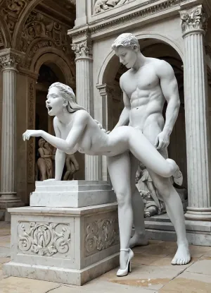 score_9, score_8_up, score_7_up, Greek temple, bending over, front view, side view, woman and man, nude male statue from behind, white carrara marble male statue, Achilles marble statue from behind, woman fucking, gigantic marble penis, super big heavy fake tits, naked, sexy waist, long legs, classical art sculpture, white carrara marble, loud moaning, orgasm