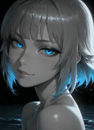 (Glitch), 1girl, standing in the ocean at the beach. Chest deep water, Kelli, ______1girl, smiling, naked shoulders, side view, head focus, detailed face, (big bright blue eyes), looking at viewer, naughty face, blushing, dark background, (incase:.8), masterwork, masterpiece, best quality, high detailed, light through hair, very aesthetic, 8k, flash on the girl., backlight, edge lighting. 1girl, solo, bangs, eye, focus, close-up, sparkle, looking, at, viewer, glowing, eyelashes, zavy-nfrrd, infrared, monochrome, white, light-blue, highlights, novuschroma79, style, glitch, art, photo, (gu, zhang, feng\), detailxl, <lora:Jeweled eyes-NAI:1.3>, <lora:zavy-nfrrd-sdxl:1.8>, <lora:novuschroma79 style_light:1.1>, <lora:Glitch Art:2>