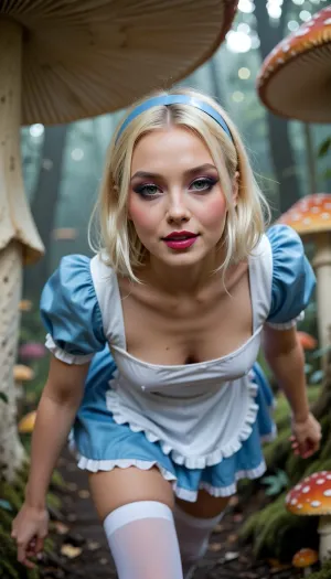 This cinematic portrait captures a attractive petite girl with glossy magenta lips and pastel eyeshadow, blurring the foreground into soft out of focus, tactile bokeh, The color grade is melancholic and desaturated, misty atmosphere around her body, glow highlights, bokeh background, prismatic color separation on speculars, strong glow on whole image, girl has dark makeup, platin blonde hair, bold feline eyeliner, dark red lips, dark grey and silver eyeshadow, masterpiece, best quality, (fantasy illustration), detailed, depth of field, high detail, very aesthetic, blurry background, (1girl, solo), AliceWaifu, blonde hair, blue eyes, white apron, blue dress, puffy sleeves, white stockings, blue hairband, walking, playful, soft subtle smile, cute face, medium breasts, walking in the forest, dirt walking path, looking curiously, giant mushrooms, wonderland forest clearing, oversized mushrooms, huge mushrooms, soft lighting

The skin the entire subject of the image, the skin so pale it generates its own luminosity, ivory and white and the faintest blush of pink, hyper realistic skin texture, flawless porcelain skin, no visible skin textures or hairs, luminous and translucent. warm midday light, the heat visible in the stillness, the background soft and dissolved, sky in background. golden-amber eyes that create a powerful gaze, fierce hypnotic expression, Deep black background, ultra high quality, cold blue-silver lighting, strong rim light, subtle atmospheric haze, high contrast chiaroscuro, shimmering metallic reflections, mysterious dark fantasy aesthetic, ultra-detailed textures, cinematic photography, shallow depth of field, volumetric lighting, 85mm lens, photorealistic, high fashion editorial, (9:16), vertical composition