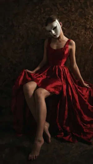 A striking young woman in a flowing crimson dress sits low on the floor, her legs open in a pose of unguarded confidence, while a decorative mask conceals her identity and deepens the enigma. She inhabits a private, dimly lit space, caught in a moment of quiet introspection or daring self-possession, as though she has just shed the world’s expectations to sit with her own thoughts. The background melts into a soft-focus haze, a dreamlike blur of muted shadows that pushes her vivid figure to the forefront, making her the sole anchor of the frame. The dress—a rich, saturated red—bleeds against the subdued palette like a declaration, hinting at passion, danger, or hidden desire, while the mask’s ornate detailing suggests a theatrical ritual, a fusion of masquerade and confession. Camera placement is low and slightly angled upward, granting her an air of quiet power as she occupies the lower half of the composition, her stillness speaking volumes. The mood is one of intoxicating ambiguity—seductive yet introspective, bold yet vulnerable—rendered in a painterly, editorial style that blurs the line between fashion photograph and cinematic still. Dominant colors thrive on the deep scarlet of her dress against charcoal and umber tones, brushed with faint cool highlights for depth. Lighting falls in soft, diffused pools, casting gentle chiaroscuro across her silhouette, with subtle glints catching the fabric’s folds and the mask’s edges, inviting the viewer to lean in and piece together the story suspended in that fleeting, charged silence.