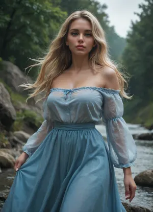20 years old, curvy, blond, longhair flowing in the wind, oversized top, long skirt, soft lips, mesmerizing eyes, flirting with you, dynamic angle, wet, heavy rain, stormy weather, rock coast, blue ocean