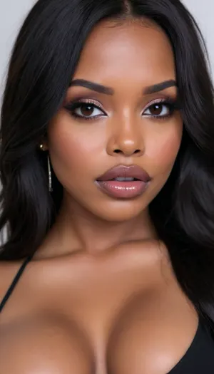 (1woman), 28 years old, ((curvy body)), Close-up girl, latin woman, curvy, ((dark skin)), ((round face)), (((brown skin))), (((full lips))), lavanda lipstick, closed mouth, lipgloss, small cute nose, standing, face, (((round medium breasts))), (((straight long black hair))), (((oiled skin))), (detailed black eyes), (((slut makeup))), .
She not look the camera, nose with round earring, round earrings, smoking marijuana, (high resolution image), (perfect face), sexy, beauty, (ultra realistic:1.7), (maximum quality:1.5), (high resolution:1.7), (extreme detail:1.5), (ultra realism:1.6), 8k, he, photo was taken by Canon Eos, (maximum detailed skin:1.6), (((I was offended))), melanin, <lora:BUT_SDXL_SHS:.8>, <lora:melanin-XL:2>