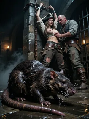 Ultra low key cinematic realism, deep underexposure, dense blacks, wet reflective highlights, oppressive darkness, a frighteningly close side profile full body view of a large adult water rat dominates the foreground, the animal fills most of the frame from nose to tail, body low and tense, coarse soaked brown black fur clumped into straggly strands, wild glossy eyes, long wet whiskers with droplets, narrow aggressive muzzle, dirty claws gripping the slick stone floor, the face clearly rat-like and menacing rather than friendly, the long naked scaly tail lies heavy on the wet ground from base to tip, fully visible, naturally curved, every ring, wrinkle, pore, scar and sparse hair rendered with extreme photorealistic precision, behind the rat in the darker background of a damp medieval dungeon, a pirate woman, 28 years old, stands imprisoned against the wall, exhausted and dirty, wearing torn sweat stained weathered historical pirate clothing, battered tricorn hat, ripped blouse, firm breasts, worn belts, damaged trousers and muddy boots, her arms stretched straight upward above her head and fixed high against the wall so she cannot lower them, her wrists locked in forged iron shackles attached to thick rusty chains anchored deep into the masonry, beside her a jailer, 50 years old, overweight, bald, rough and unclean, in grimy work clothes and heavy boots, looming close as he touches her breasts, the entire dungeon darker, smokier and more shadow filled, wet stone walls, rust, puddles, faint mist and distant torch glow, only a minimal cold sidelight grazing the rat and catching subtle edges of the figures, no clean bright light, premium full frame photographic realism, strong micro contrast, subtle analog film grain.