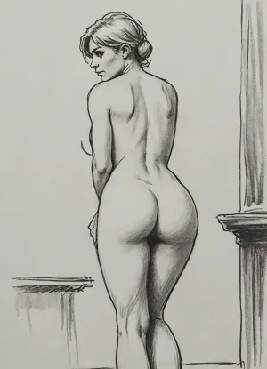 (Haelga from Skyrim, 30 year old, scandinavian, blonde medium hair, medium breasts), (medieval short dress lifted up exposing butt), (bending over, hands on buttcheeks, spreading ass), rear view, lineart, black and white, high contrast, bend ass, bent over, undressing, present ass, pencil sketch, monochrome, nude portrait, posing like artist's model, pencil, drawix17, dwx17, <lora:sketch_it:1>, <lora:Pencil_Sketch-06R:.5>, <lora:drawix17:.1>