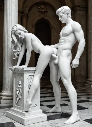 score_9, score_8_up, score_7_up, Greek temple, bending over, front view, side view, woman and man, nude male statue from behind, white carrara marble male statue, Achilles marble statue from behind, upside down, woman fucking, huge marble penis, super big heavy fake tits, naked, sexy waist, long legs, classical art sculpture, white carrara marble, loud moaning, orgasm