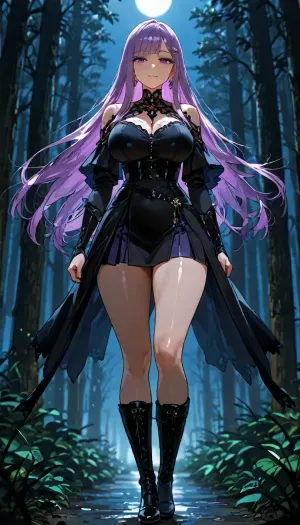 goth cyberwitch mature 30 year old dynamic action in forest, long thick boots, (((perfect face with symmetrical eyes))), athletic fit toned, sultry joyful action, sultry smile, backlight., Long flowing purple hair with hair clips, (High, Resolution), (More, Details), (8K), volumetric lighting, cyberpunk lights motif, (background is a dark room bathed in moonlight), <lora:MJ52:1>, <lora:outline_xl_kohaku_delta_spv5x:.8>, <lora:attractive_notrigger:1.1>, <lora:detailed_notrigger:1.8>, <lora:LCMTurboMix_Euler_A_fix:.9>
