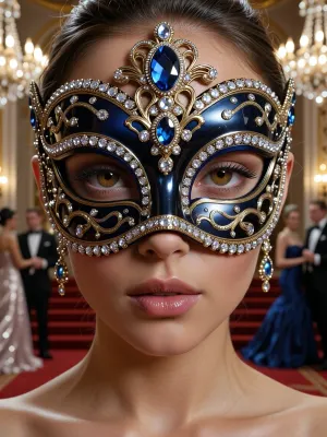 An ultra-realistic, cinematic close-up portrait of a beautiful woman looking directly into the camera. She wears a magnificent, exquisitely detailed Venetian half-mask made of a dark blue, high-gloss polymer material. The entire mask is adorned with an elegant pattern of the finest gold filigree, creating a noble contrast against the deep blue background and combining luxury with exquisite craftsmanship. The mask is characterized by its three-dimensionality and high-contrast highlights. The inner eye cutouts and the outer edges of the mask are densely outlined with continuous rows of small faceted diamonds. In the center, on the bridge of the nose, and in the crown of the mask, large, three-dimensional oval-cut sapphires of a deep blue color are inlaid. The stones are set in massive gold settings adorned with diamonds. The look is complemented by long gold drop earrings with sapphires and diamonds, crafted in the same style as the mask. A magnificent, opulent ballroom in the background, with a blurred bokeh showing elegantly dressed people beneath sparkling crystal chandeliers, a staircase with a red carpet, and warm, cinematic lighting. Ultra-detailed skin, eyes, gemstones, and mask textures, photorealism, high sharpness, depth of field with soft bokeh. A masterpiece, high resolution, photorealistic, ultra-detailed jewelry textures.