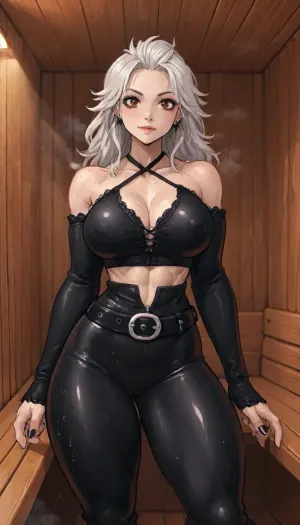(innv meets jack cayless style), (reiq style, masterpiece, cel-shaded, limited color palette), ((Beautiful Muscles Sexy Noi from Dorohedoro anime body:1.4)), (sauna, steam, sauna background:1.2), (1girl, solo, alone, 21 year old woman), (pale skin:1.4), (gorgeous, silver-white hair, red eyes, seductive face, perfect ads, perfect big breast, muscles are well defined, muscular body, muscular arms, perfect hands, muscular legs, big ass, sweaty body), (five piercings on each ear), (Style Front Lace Up Short Halter Top Black Split Halter Straps), (tight black Laced-Up pants), (leather belt), (arm sleeves leather armored), (black strap boots), (standing posing), no horns, ultraviolet light, LoL, Style, lineart, line, art, flat, colors, color, extrmusc, <lora:LCMTurboMix_Euler_A_fix:2>, <lora:lineartSDXL:2>, <lora:mk_Bp Anime_xl:2>, <lora:EnvyBeautyXL02:2>, <lora:ExtrMusc:2>
