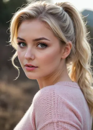 20 years old, curvy blond, soft lips, mesmerizing eyes, flirting with you, dynamic angle, fluffy knitted sweater, nature, wavy ponytail, big boobs, close-up