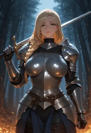 masterpiece, best quality, absurdres, newest, highres, very aesthetic, 1girl, solo, mature female, adult, female knight, tall, athletic, long hair, ash blonde hair, braid, green eyes, sharp face, medium breasts, chainmail, padded armor, sword in hand, night forest camp, embers, dramatic lighting, looking at viewer, detailed face, detailed eyes