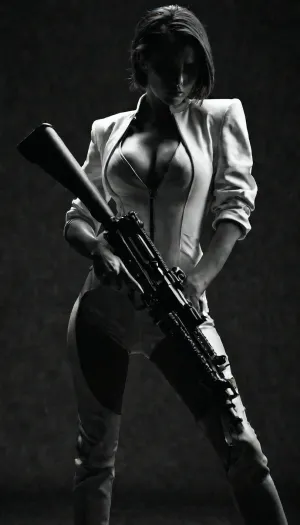 A woman in a striking white and black outfit stands poised, gripping a firearm with practiced ease, while a second gun looms in the shadowed background, framing her silhouette. She holds a confident, steady pose, her gaze sharp and unyielding, evoking a mood of tense anticipation and quiet menace. The scene is dominated by stark contrasts of crisp white and deep black, punctuated by cool metallic tones that highlight the weapons’ sleek edges. Dramatic lighting carves her form with bold highlights and deep shadows, intensifying the sense of danger and mystery. Shot from a low, dynamic angle, the composition thrusts her legs and the foreground gun into powerful perspective, drawing the eye toward the distant weapon like a promise of unfolding action. The artistic style blends comic-book boldness with anime-inspired finesse, where her taut posture, flowing fabric, and stylized gun design fuse into a cinematic, story-driven tableau.