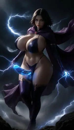 score_9, score_8_up, score_7_up, (futanari:1.5), (Reiq style:.6), Raven from DC comics, (huge breasts:1.7), (huge cleavage:1.5), (perfect erect penis), (skimpy intricate Raven Suit:1.5), (Glowing blue eyes), (((((Glowing blue eyes))))), full length gloves, (pale skin), colorful, vivid, beautiful, HD, masterpiece, thigh high boots, (glowing blue cock with lightning), (windblown wild black hair with purple streaks), (windblown large purple cape), action pose, detailed body, hips, fantasy, (she is holding her penis with one hand), ((((scene takes place in a energy storm with lightning)))), (extremely realistic), <lora:dark:1>, <lora:bombshell_v2:.3>