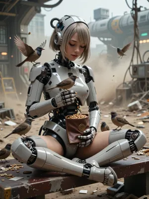 extraordinary cute designed robot girl sitting, (cross-legged:1.3), on a bench, (highly detailed display as robot face:1.6), shy silent smile, feeds several little birds with seeds, (holds little leather pouch with seeds:1.3), surrounded by a messy spaceport, dirty dust filled air, mad-2cbrrm, mad-1cbrrm, DonMSp3ctr4lXL