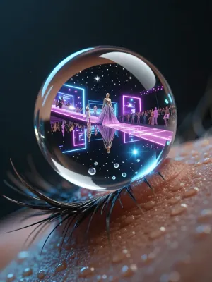 An extreme close-up of a gigantic, perfectly spherical drop of water resting precisely on a single long eyelash of a supermodel. Inside the crystal-clear drop, a sharp and highly detailed inverted reflection of the neon-lit haute couture catwalk and the starry night sky is clearly visible. Microscopic bioluminescent particles glow and swirl inside the drop. Ethereal studio lighting, ultra-detailed skin pores, hyperrealism.