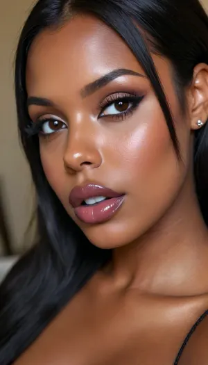 (1woman), 28 years old, ((curvy body)), Close-up girl, latin woman, curvy, ((dark skin)), ((round face)), (((brown skin))), (((full lips))), lavanda lipstick, closed mouth, lipgloss, small cute nose, standing, face, (((round medium breasts))), (((straight long black hair))), (((oiled skin))), (detailed black eyes), (((slut makeup))), .
She not look the camera, nose with round earring, round earrings, (high resolution image), (perfect face), sexy, beauty, (ultra realistic:1.7), (maximum quality:1.5), (high resolution:1.7), (extreme detail:1.5), (ultra realism:1.6), 8k, he, photo was taken by Canon Eos, (maximum detailed skin:1.6), (((I was offended))), melanin, <lora:BUT_SDXL_SHS:.8>, <lora:melanin-XL:2>