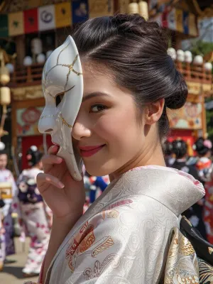 Ultra detailed depiction. Sharp focus on face, extreme close-up on her face and the mask. Fantastic scene looking like a professional photograph of a beautiful mysterious Japanese woman, Japanese ethnicity, wearing a high-end silk kimono with intricate traditional patterns, her hair elegantly styled, a large asymmetric porcelain mask covering her forehead, around her eyes, and spreading down across one cheek, leaving part of her face and lips uncovered, the mask decorated in the kintsugi style, delicate cracks across the porcelain surface filled with shimmering gold, smooth glossy porcelain surface, her body turned slightly away as if about to leave, glancing back over her shoulder with a subtle playful smirk, one hand delicately touching the edge of the mask near her cheek, a teasing yet reserved expression, half-lidded knowing gaze, the Gion Matsuri festival in Kyoto behind her, massive ornate wooden festival floats decorated with tapestries, a lively colorful crowd in traditional kimono blurred in the background, bright natural daylight, vivid festival colors, sharp facial details, cinematic atmosphere, photorealistic