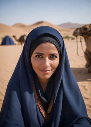 A mature Tuareg woman with jet-black eyes looks deeply into your eyes, lifts her veil from her face, and smiles meaningfully, she is wearing traditional dark blue clothing. Veiled, with a very large bust, she is sitting in the Sahara, in an oasis with a small lake. A tent in the background, camels, a campfire with a tagine in the foreground—a realistic scene