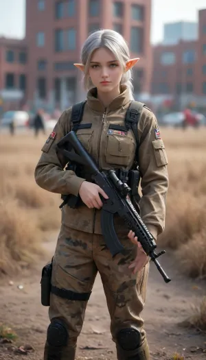 beautiful female elf in camouflage and boots with futuristic rifle in her hands, solo in foreground, ((silver hair, elf ears, realistic soldier field outfit of 21th century, modern soldier camouflage, modern combat boots)), city streets with Victorian dressed people around in background