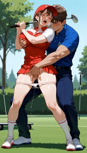 Girl and boys, 20 years old, holding gold, swinging golf, playing golf, in front of a man, outdoor.golf Uniform, pleated skirt, socks, shoes, panties pulled down, man cuddling the girl, fingering her vaginal from behind, groping her breasts, She is embarrassing, moaning, .