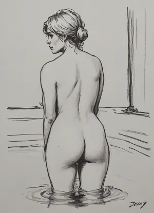 (Vex from Skyrim, 30 year old, scandinavian, blonde medium hair, medium breasts, naked), (bathing in water), rear view, lineart, black and white, high contrast, bend ass, bent over, undressing, present ass, pencil sketch, monochrome, nude portrait, posing like artist's model, pencil, drawix17, dwx17, <lora:sketch_it:1>, <lora:Pencil_Sketch-06R:.5>, <lora:drawix17:.1>