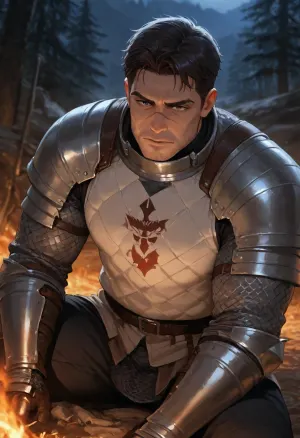 masterpiece, best quality, absurdres, newest, highres, very aesthetic, 1boy, solo, mature male, adult, knight, short hair, dark brown hair, stubble, grey eyes, scar across eyebrow, broken nose, broad shoulders, muscular, chainmail, padded gambeson, no helmet, night camp, dying campfire, dramatic lighting, cinematic lighting, looking at viewer, detailed face, detailed eyes