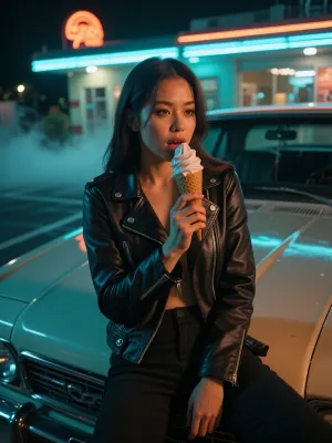A cinematic, atmospheric photograph of a stunning Korean woman with striking features, wearing a leather jacket and black jeans. She is sitting on the hood of a vintage car from the late 1960s in the parking lot of a secluded American diner at midnight. Cinematic neon lighting in shades of turquoise and orange creates dramatic shadows. She gazes at the ice cream cone in her hand with a pensive, whimsical expression. Shallow depth of field, haze in the air, realistic texture, award-winning composition, ultra-high resolution, high quality