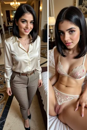 Split screen with two images of the same woman ., (High resolution details), (photorealistic image), (detailed fabric texture), Left image, a 22 year old cute Pakistani woman is in a luxurious hotel lobby. She has a cute face with big happy smile and perfect teeth. Big brown eyes and long lashes. Full glossy lips. Rounded rosy cheeks. She has straight black hair cut in a middle part above shoulder length bob, with the ends curling slightly inwards. She is wearing a beautiful cream coloured button up silk blouse and stylish brown and beige houndstooth pattern office style pants and short heeled shoes. Perfect fingers and fingernails. Her blouse is, (unbuttoned revealing a hint of a beautiful floral lace bra), . She pants are form fitting, accentuating her petite firm rounded ass. Simple fine gold chain necklace. Elegant fine belt.The view is from above as she looks innocently slightly upward towards the camera.

Right image, same Pakistani woman with same face but with a seductive slutty look and same hair as in the left image but now in a luxury hotel room in sexy floral lace bra and panties, lying on a bed.