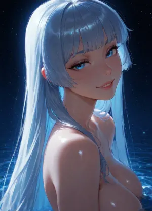 (Glitch), 1girl, standing in the ocean at the beach. Chest deep water, Kelli, ______1girl, smiling, naked shoulders, side view, head focus, detailed face, (big bright blue eyes), looking at viewer, naughty face, space background, (incase:.8), masterwork, masterpiece, best quality, high detailed, light through hair, very aesthetic, 8k, flash on the girl., backlight, edge lighting. 1girl, solo, long hair, eye, focus, mid view, sparkle, looking, at, viewer, glowing, eyelashes, (gu, zhang, feng\), detailxl, <lora:Jeweled eyes-NAI:1.3>, <lora:Space_sdxl:.9>, <lora:FF-Style-Dall-e-FFusion-Surrealism:.8>
