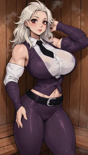 (innv meets jack cayless style), (reiq style, masterpiece, cel-shaded, limited color palette), ((Beautiful Muscles Sexy Noi from Dorohedoro anime body:1.4)), (sauna, steam, sauna background:1.2), (1girl, solo, alone, 21 year old woman), (pale skin:1.4), (gorgeous, silver-white hair, red eyes, seductive face, perfect ads, perfect big breast, muscles are well defined, muscular body, muscular arms, perfect hands, muscular legs, big ass, sweaty body), (five piercings on each ear), ((white business shirt), (black tie), (purple vest), (tight purple pants), (belt), (arm purple sleeves), (black strap boots)), (standing posing), no horns, ultraviolet light, LoL, Style, lineart, line, art, flat, colors, color, extrmusc, <lora:LCMTurboMix_Euler_A_fix:2>, <lora:lineartSDXL:2>, <lora:mk_Bp Anime_xl:2>, <lora:EnvyBeautyXL02:2>, <lora:ExtrMusc:2>