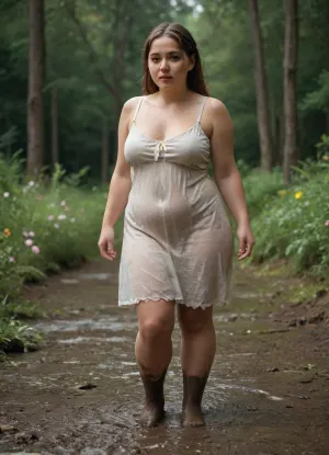 A chubby 18-year-old with a round face, freckles, and a flower-patterned lace summer dress, dripping wet. She is splattered with mud. She is playing in wellies in a muddy puddle on a muddy forest path