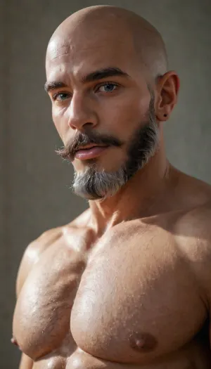 masterpiece, best quality, ultra-detailed, 8k, photorealistic, sharp focus, intricate details, cinematic lighting, depth of field, volumetric lighting, dramatic shadows and highlights, perfect anatomy, no deformities, flawless skin texture, (1man, 55yo, 55 years old, Italian heritage, tall and muscular with a bald head, square face structure, a, (heavy goatee:1.9), (Grey goatee:1.9), which balances the roundness of his face, and a huge thick cock)