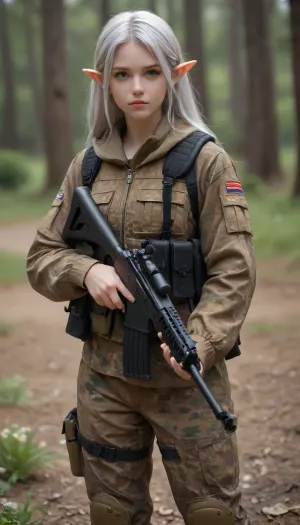 beautiful female elf in camouflage and boots with futuristic rifle in her hands in foreground, silver hair, elf ears, realistic soldier field outfit of 21th century, modern soldier camouflage, modern combat boots