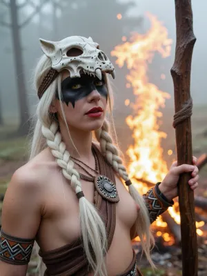 A woman with long white braided hair, wearing a wolf skull mask with a long snout that only covers the top of her head and face, wearing nordic tribal clothing, she has bright yellow eyes, red lips and very pale skin, black face paint completely covers the top half of her face, she is standing, holding a wooden staff in a foggy forest with a large fire burning