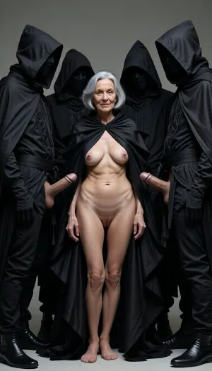 A full-body view at a distance of 4 meters, from head to toe. An elderly, innocent, topless, cheerful grandmother who's wearing a blouse, (an aged woman, 70 years old:1.8), . Her skin is that of a 70-year-old woman. The old lady has grey hair, (Small, long, and very saggy breasts:1.8), ((very detailed skin)), . Hair cut in a bob, surrounded by men's giant penises
A group of five figures standing together in a tight formation, mysterious and dark aesthetic, each person wearing long, voluminous black hooded cloaks, textured fabric with subtle glossy sheen, complete facial obscuration in deep shadows, neutral studio background, minimalist composition, avant-garde fashion photography style, high contrast, cinematic lighting, sharp focus, haunting atmosphere, monochromatic dark palette, 8k resolution, detailed drapery, high fashion runway look.