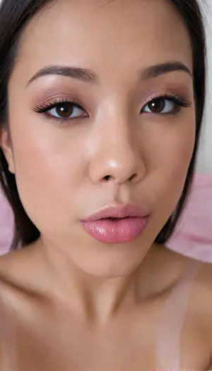 (portrait of a Pinay Filipina Asian:1.2), (tightly closed mouth, lips together:1.3), A Filipina's slut face and shoulders, (27 years old), dark brown tanned skin, (softly overlined lips with muted rosy nude-pink lipstick, (subtle mauve undertones), (slightly deeper pink lip liner defining the edges:1.2), sheer translucent gloss layered over the lipstick, soft reflective highlights on the center of the lips, naturally full-looking lips), (medium-width natural nose), (straight natural nose bridge), (softly rounded slightly bulbous nose tip), (naturally wider nostrils), (subtle nasal width), (nose proportionate to the face), masculine jaw, (softly rounded jawline), (looking straight at camera:1.1), closed lips, (face portrait), (frontal shot), (round to softly oval face), natural facial asymmetry, natural facial proportions, realistic skin texture