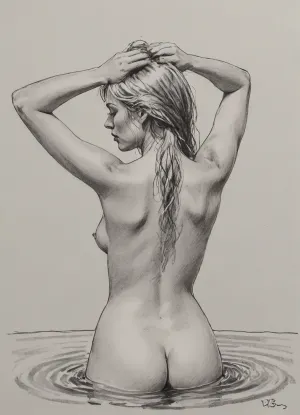 vex, naked, 30 year old, long blonde hair, small breasts, bathing in water, hands on head, view from behind, pencil sketch, monochrome, nude portrait, posing like artist's model, pencil, drawix17, dwx17, <lora:sketch_it:1>, <lora:Pencil_Sketch-06R:.5>, <lora:drawix17:.1>