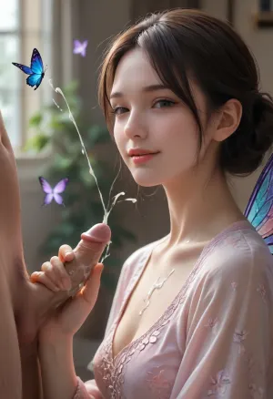 Ultra detailed depiction. Sharp focus on face. Fantastic scene looking like a professional photograph of a beautiful mysterious woman facing camera, her face fully covered by countless small colorful butterflies clustered together, each butterfly distinct and separate, wings overlapping asymmetrically in an organic irregular pattern, glowing with iridescent colors, a few butterflies gently taking flight away from one cheek, standing in a confident model pose, one hand on her hip, ethereal flowing dress, soft magical twilight garden atmosphere, delicate glowing light particles in the air, seductive alluring gaze visible between the butterfly wings, sharp facial details, cinematic atmosphere, photorealistic, ((1man, 1woman)), (smiling, closed mouth), (looking at viewer), ((woman in front of man)), ((side view)), ((handjob, 1man with, (small cock:1.6))), (ejaculation, cum on body:1.6), white cum, thick cum