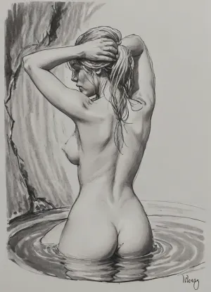 (vex from skyrim, naked, 30 year old, scandinavian, long blonde hair, small breasts, sexy slim body), (bathing in water, hands behind head), view from behind, pencil sketch, monochrome, nude portrait, posing like artist's model, pencil, drawix17, dwx17, <lora:sketch_it:1>, <lora:Pencil_Sketch-06R:.5>, <lora:drawix17:.1>