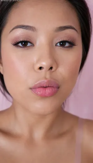 (portrait of a Pinay Filipina Asian:1.2), (tightly closed mouth, lips together:1.3), A Filipina's slut face and shoulders, (27 years old), dark brown tanned skin, (softly overlined lips with muted rosy nude-pink lipstick, (subtle mauve undertones), (slightly deeper pink lip liner defining the edges:1.2), sheer translucent gloss layered over the lipstick, soft reflective highlights on the center of the lips, naturally full-looking lips), (medium-width natural nose), (straight natural nose bridge), (softly rounded slightly bulbous nose tip), (naturally wider nostrils), (subtle nasal width), (nose proportionate to the face), masculine jaw, (softly rounded jawline), (looking straight at camera:1.1), closed lips, (face portrait), (frontal shot), (round to softly oval face), natural facial asymmetry, natural facial proportions, realistic skin texture