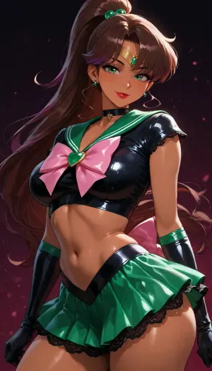 ((Goth lace and leather:1.6)), ((purple highlights:1.5)), (Filipina dark skin, Sailor Jupiter shows off her gorgeous body front view, midriff), ((Sailor Jupiter costume, green skirt, pink bows, fancy embroidered skirt, lustrous iridescent)), athletic petite body, ((((highly detailed gorgeous face smile, face is detailed and perfectly formed, bright red lipstick:1.5))), extremely long thick brown hair in high ponytail), (((abstract cosmic starry background))), ass cheek curves, pink lingerie goth