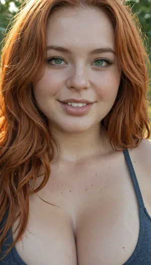 (Close up:.6), (busty bbw face:1.42), gorgeous bbw face, beaty bbw, no makeup, thick lips, round face, stunning chubby face, ginger hair, sun rays, smile, green eyes