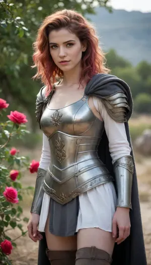 beautiful sexy slender young lady, hot sweaty pale white skin, kind soft, flirty eyes, flirty smirk smile, rough tangled rose hair, Greek soldiers armour, grey cloak, boots