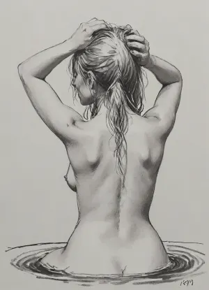vex, naked, 30 year old, long blonde hair, bathing in water, hands on head, washing hair, view from behind, pencil sketch, monochrome, nude portrait, posing like artist's model, pencil, drawix17, dwx17, <lora:sketch_it:1>, <lora:Pencil_Sketch-06R:.5>, <lora:drawix17:.1>