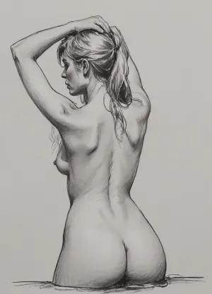 (vex from skyrim, naked, 30 year old, long blonde hair, small breasts), (bathing, hands behind head), back view, pencil sketch, monochrome, nude portrait, posing like artist's model, pencil, drawix17, dwx17, <lora:sketch_it:1>, <lora:Pencil_Sketch-06R:.5>, <lora:drawix17:.1>