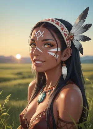 A close-up portrait of Little Fox from chest up against a backdrop of lush green plains with mountains visible in distance under natural lighting conditions during sunset time with warm hues filling up sky, Little Fox is wearing eagle feathers on headband adorning long black hair cascading down shoulders framing dark skin tone while full lips parted slightly revealing white teeth as he looks up towards someone off camera with eyes sparkling with joy, tribal face paint decorating forehead adding contrast against dark complexion, wearing nothing but necklace made from nature weave around neck holding eagle feather pendant, hands holding one-handed tomahawk resting gently on lap, body positioned slightly sideways facing camera showing off slender figure with slight feminine curves, intricate details visible on face including wrinkles around eyes indicating age, ultra realistic texture visible on skin under 8k UHD resolution, shallow depth of field used for isolating subject from background creating intimate atmosphere