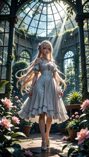masterpiece, top quality, modern anime style, highly detailed digital anime, clear lines, bright saturated colors, dynamic dramatic lighting, soft magnificent shadows, flawless smooth skin, highly detailed strands of hair, 1 woman, solo, beautiful anime girl, standing in an old Victorian greenhouse, concentrated expression, serene mood, she is dressed in a light Victorian dress, a magnificent backdrop of an overgrown abandoned greenhouse, beautiful fantastic glowing flowers bloom around her, a broken glass dome, voluminous divine rays, soaring specks of dust illuminated by the sun, lush exotic flora, depth of field, aesthetic composition